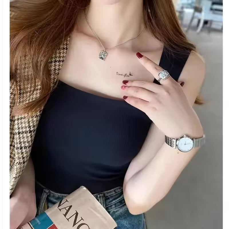 Wide Shoulder Camisole Square Neck Beautiful Back Threaded Vest Women's Seamless One-piece Fixed Cup Casual Solid Tops