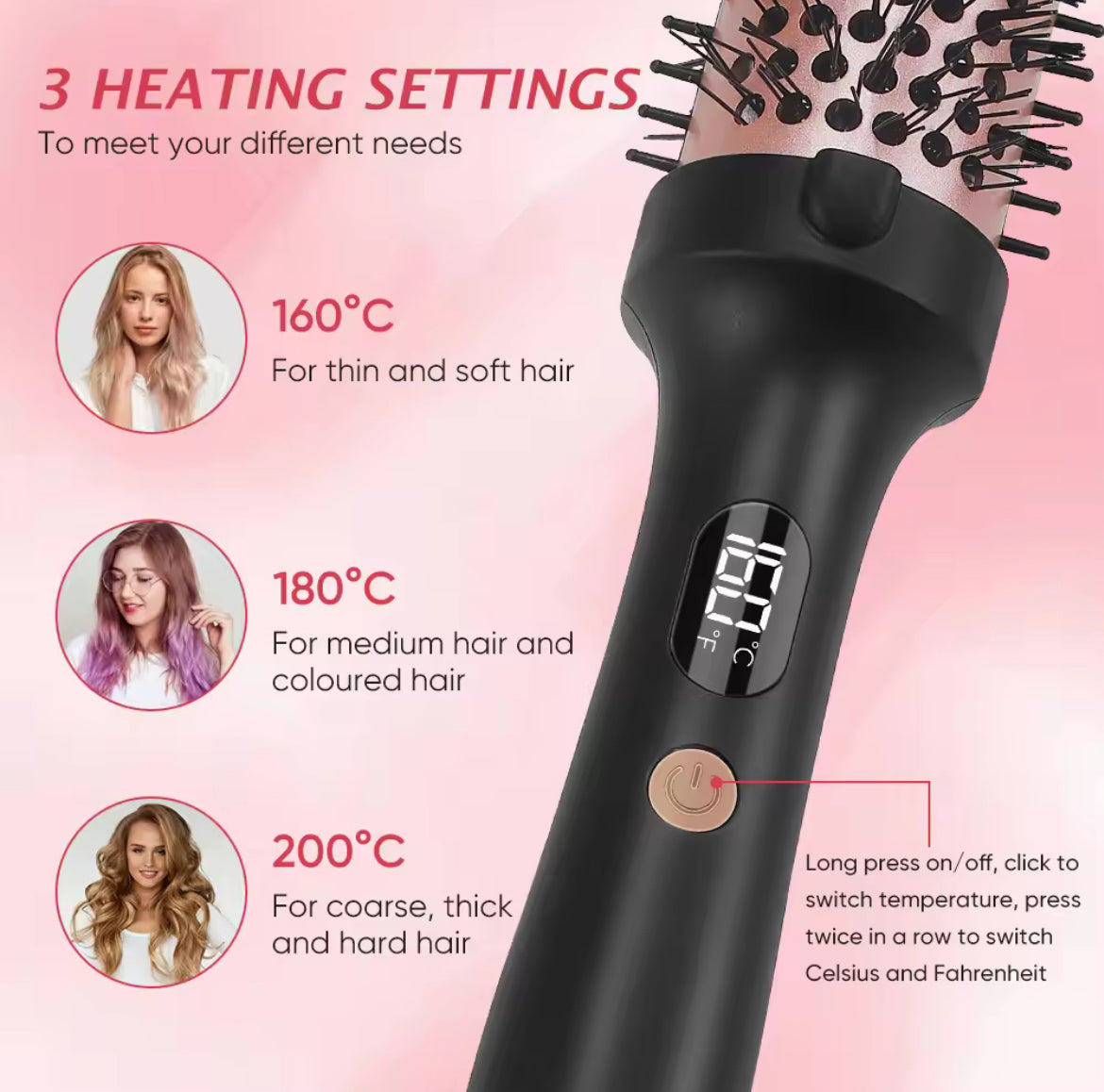 Professional Electric Hair Brush with LED Display & PTC Heater