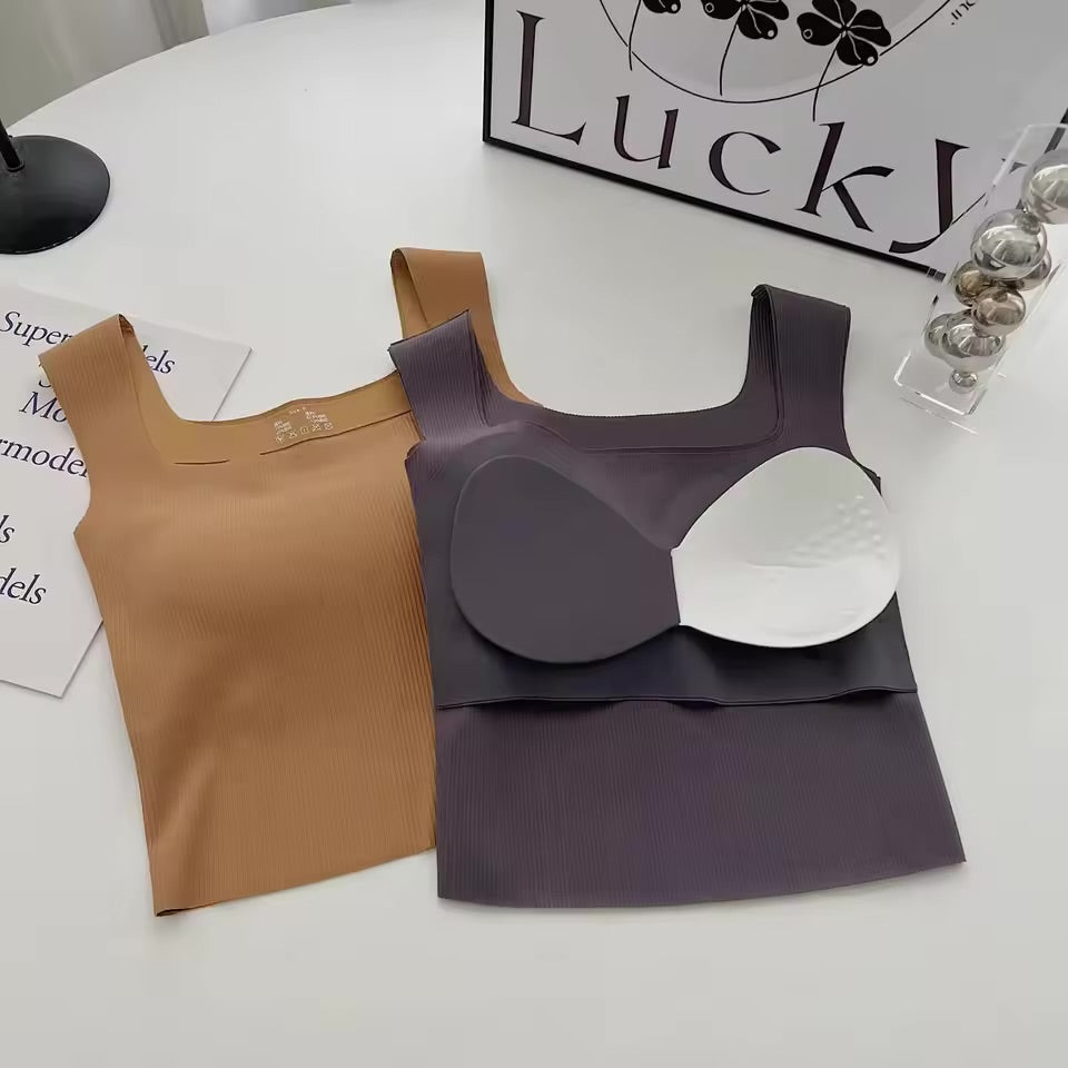 Wide Shoulder Camisole Square Neck Beautiful Back Threaded Vest Women's Seamless One-piece Fixed Cup Casual Solid Tops