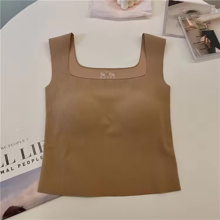 Wide Shoulder Camisole Square Neck Beautiful Back Threaded Vest Women's Seamless One-piece Fixed Cup Casual Solid Tops