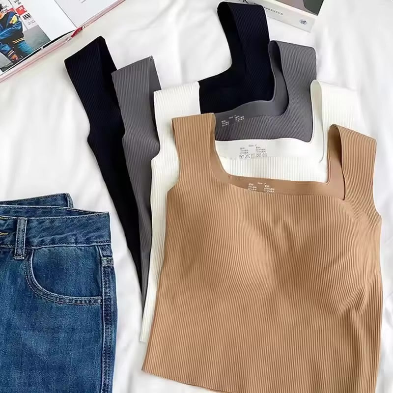 Wide Shoulder Camisole Square Neck Beautiful Back Threaded Vest Women's Seamless One-piece Fixed Cup Casual Solid Tops