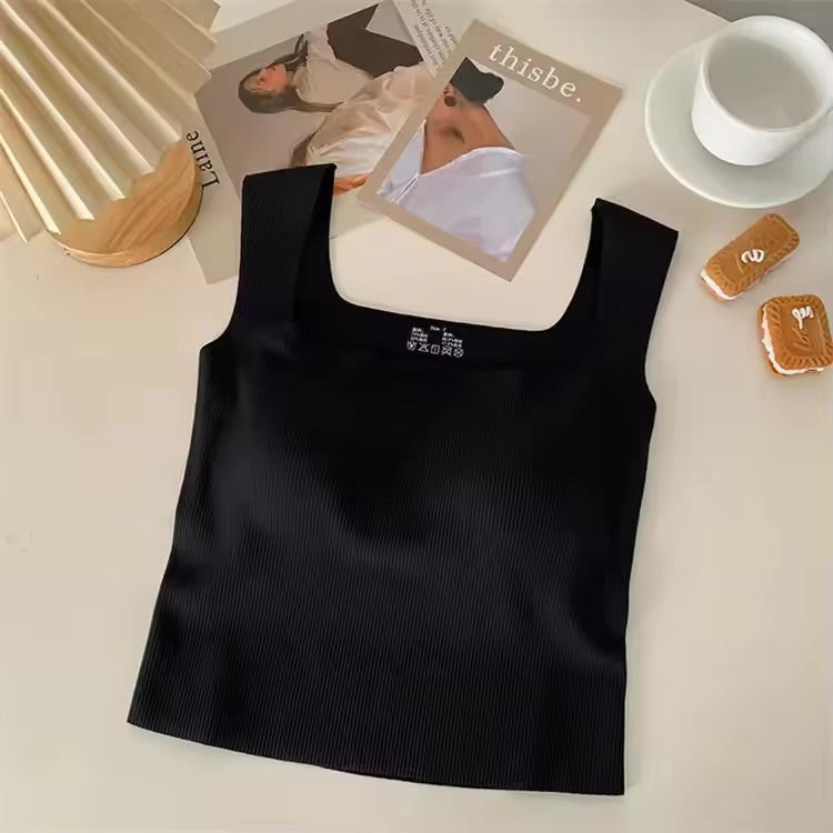 Wide Shoulder Camisole Square Neck Beautiful Back Threaded Vest Women's Seamless One-piece Fixed Cup Casual Solid Tops