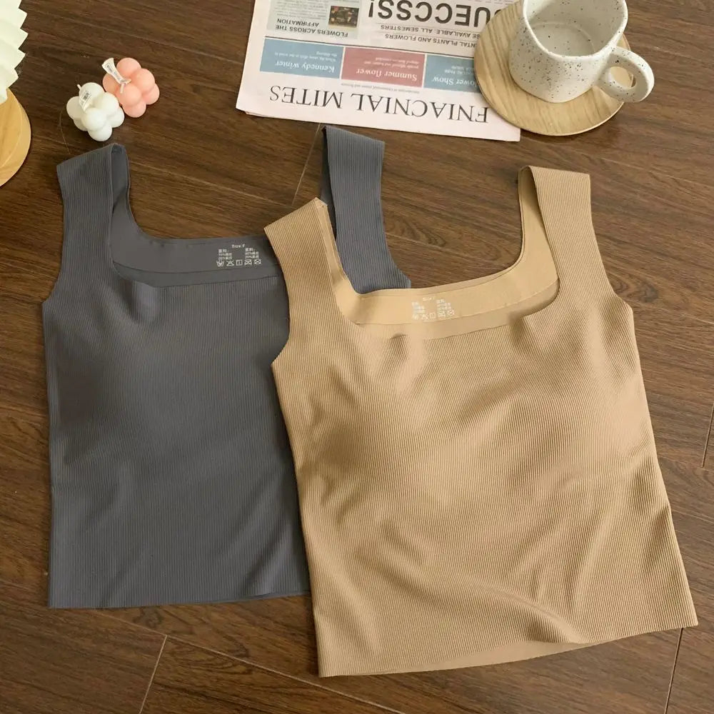 Wide Shoulder Camisole Square Neck Beautiful Back Threaded Vest Women's Seamless One-piece Fixed Cup Casual Solid Tops
