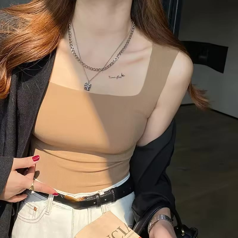 Wide Shoulder Camisole Square Neck Beautiful Back Threaded Vest Women's Seamless One-piece Fixed Cup Casual Solid Tops
