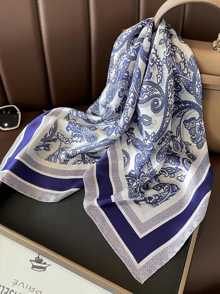 Blue and white paisley print square Bandana for women