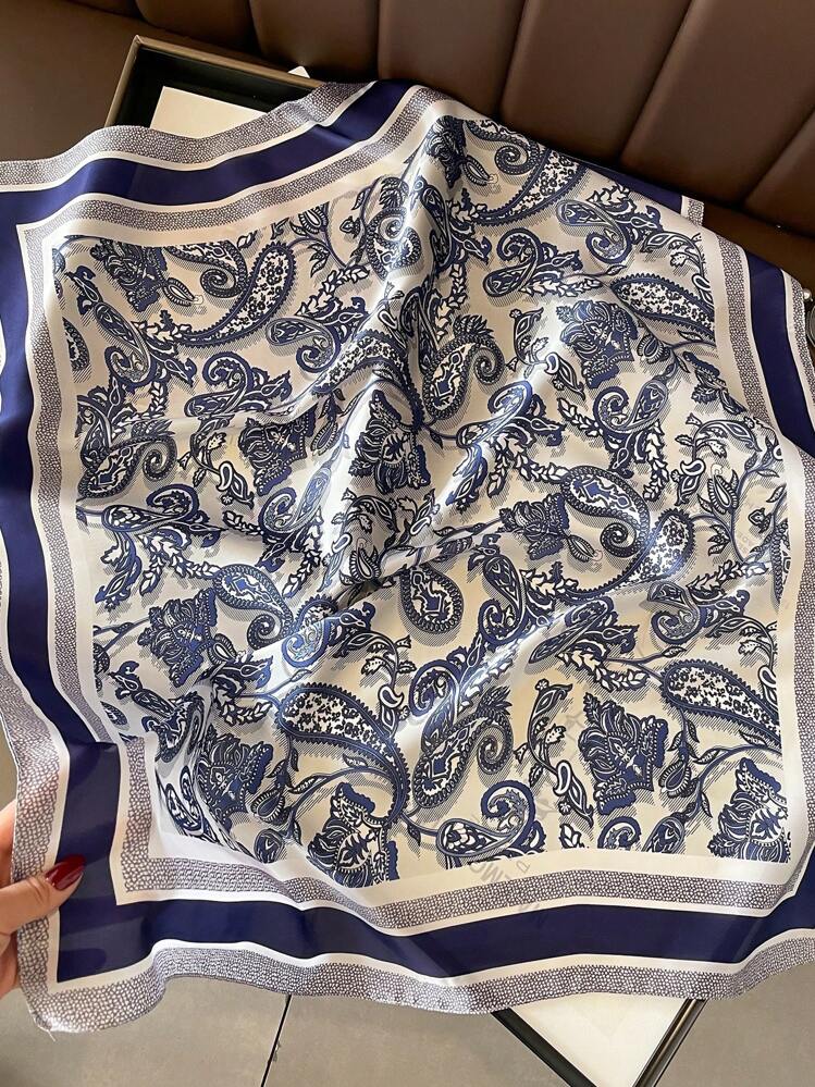 Blue and white paisley print square Bandana for women