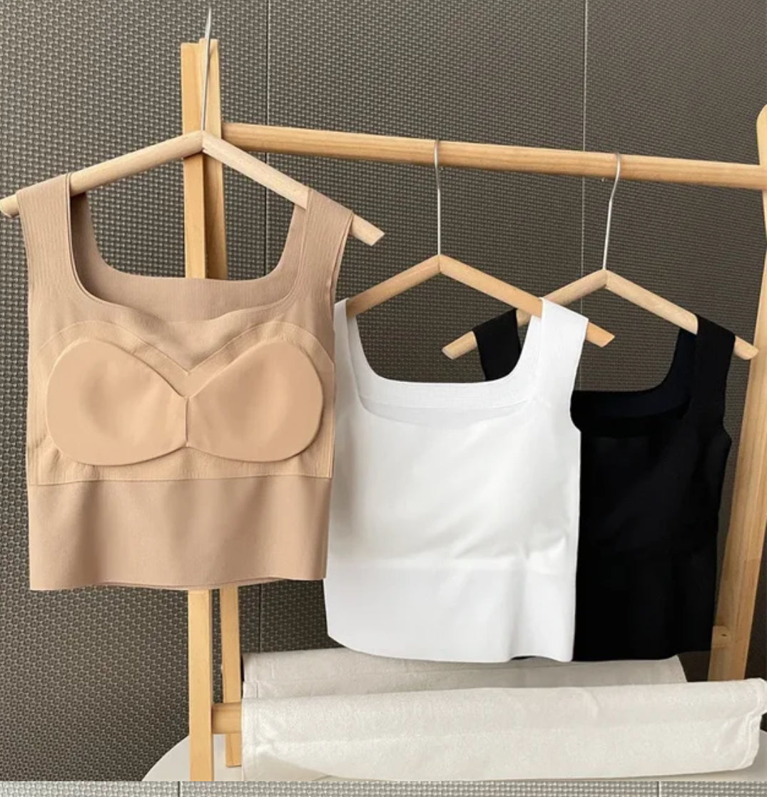 Wide Shoulder Camisole Square Neck Beautiful Back Threaded Vest Women's Seamless One-piece Fixed Cup Casual Solid Tops