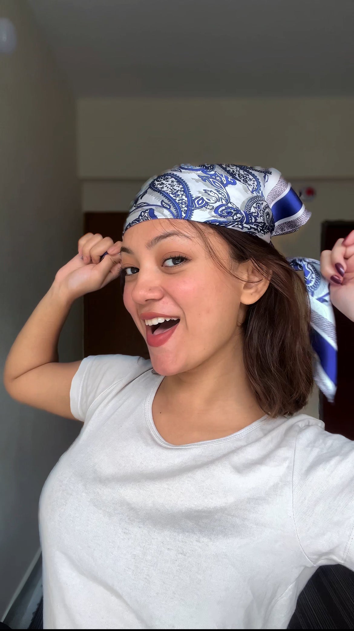 Blue and white paisley print square Bandana for women